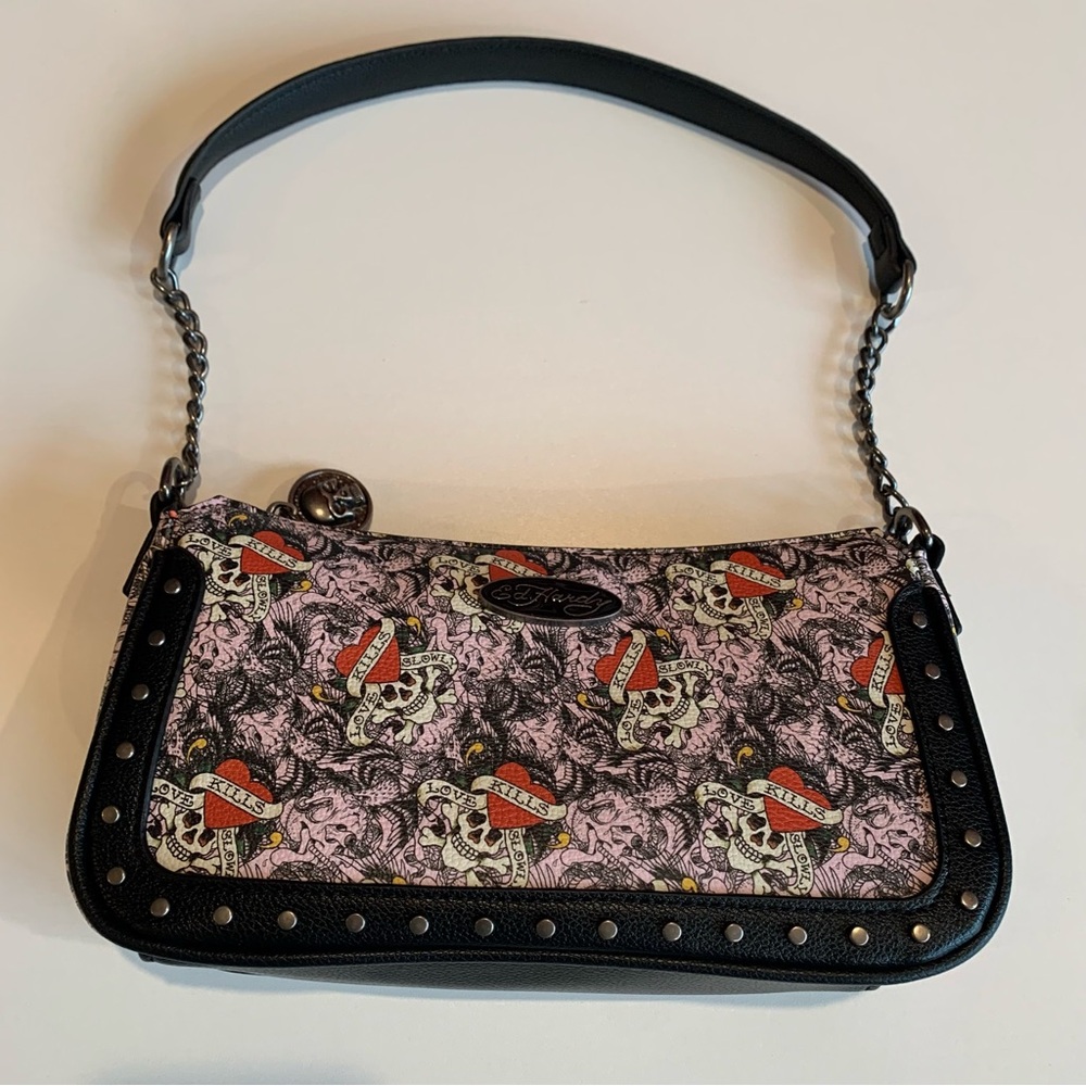 Ed Hardy Edgy Skull and Heart Print Shoulder Bag with Extra Crossbody Strap